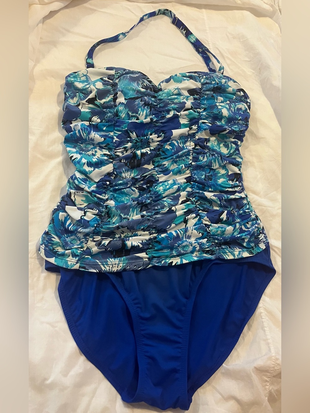 Jones New York Blue Floral Ruched One-Piece Swimsuit